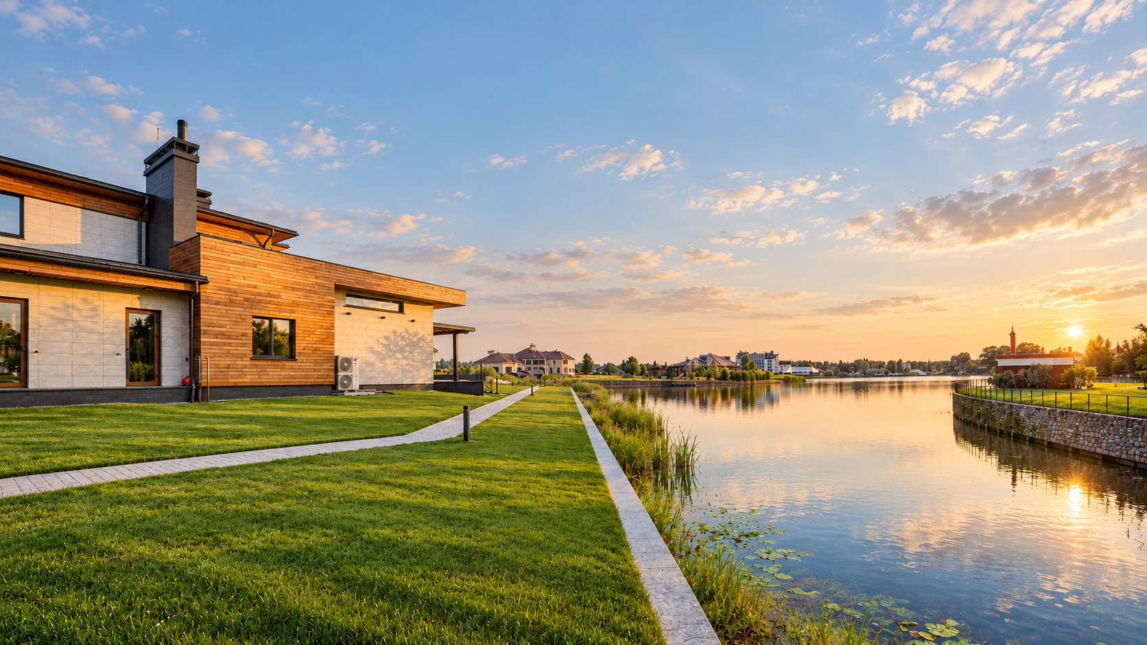 Waterside villa with green lawns, a calm reflective pond and soft golden evening light