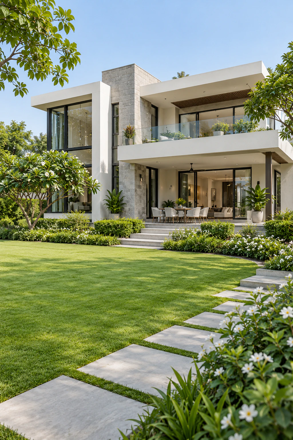 A contemporary white villa surrounded by fresh green landscaping in daylight